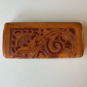 Vintage Hand-Tooled Brown Leather Clutch